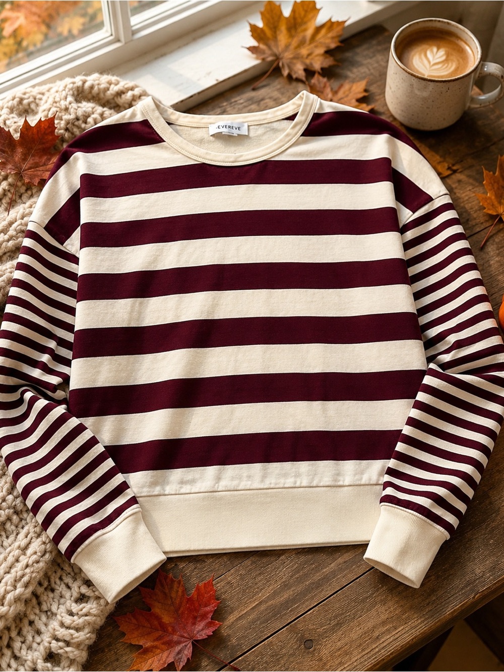 EVEREVE Burgundy Cream Striped Mixed Sleeve Sweatshirt Top S